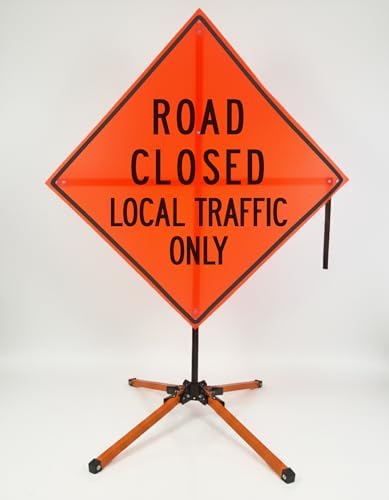 Traffic Roll-Up Sign Kit with Stand – Collapsible Safety Sign & Heavy-Duty Portable Stand, High Visibility, Easy Setup (Road Closed Local Traffic Only, Mesh)