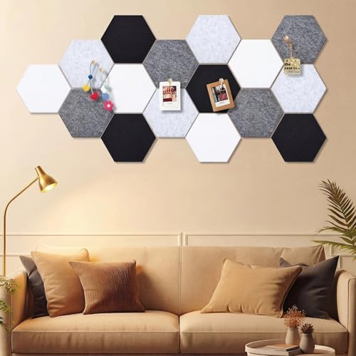12x10 in 16 Pcs Hexagon Cork Board Tiles, Felt Pin Boards, Grey