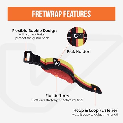 Gruv Gear Fret Wrap & Guitar Mute, Fretwrap for Acoustic, Electric & Bass | String Dampener Recording, Tapping & Practice Accessory (1 Pack, Large Black/Red/Yellow, Fits 6 String Bass, 8 String