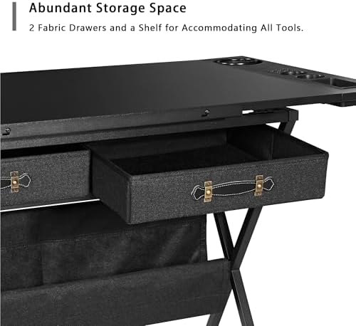 VECELO Drafting Table Art Desk Art Table Adjustable Drawing Table Tilted Tabletop with 2 Storage Drawers and Stool, Drawing Desk for Artist Painters Drawing, Crafting, Reading, Writing, Black