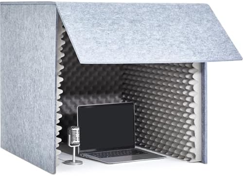 Pushglossy 28 x 28 x 28 Inch Desktop Soundproof Cover Portable Vocal Recording Booth Vocal Absorbing Shield Microphone Isolation Booth Cube for Sound Clearer Home Music Studio Podcasts Recording, Grey