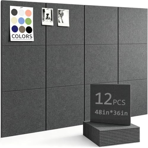 48" x 36" Cork Board Alternative, 12 Pack Felt Bulletin Board Tiles with 30 Adhesive Tabs Wall Push Pin Board for Office Classroom Bedroom Decor