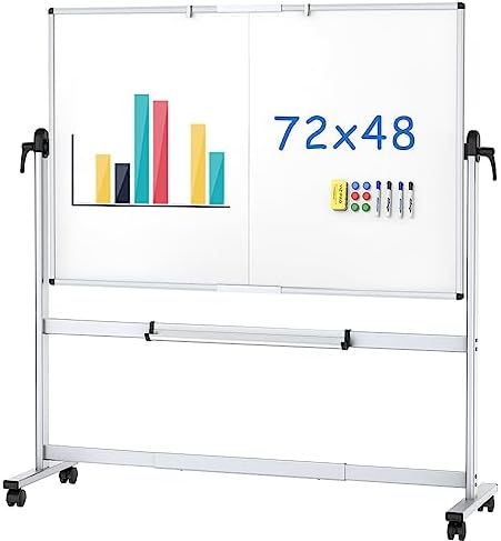 VIZ-PRO Double-Sided Mobile Whiteboard, 72 x 48 Inches, Magnetic Rolling Dry Erase White Board on Wheels with Aluminium Frame and Stand 6' x 4'