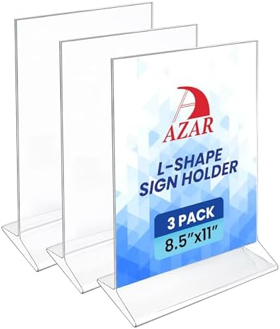 Azar Displays 142430-3PK Top Load Sign Holder 8.5x11 – Clear Flexible Plastic Display Stand for Menus, Signs – Vertical Tabletop Frame, Pack of 3