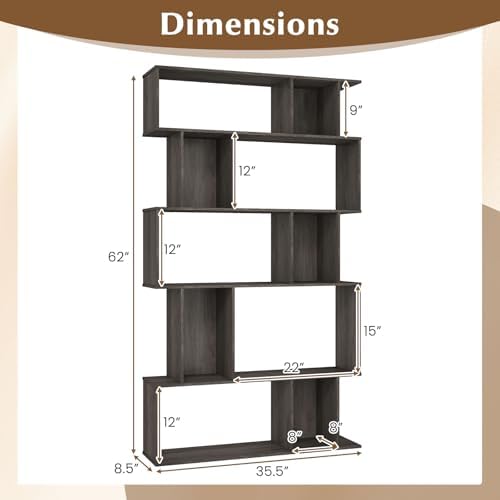 Giantex 5-Tier Bookshelf, 10-Cube Geometric Book Case with 5 Closed-Back Cubbies, Anti-toppling Kits, Open Display Storage Shelf for Living Room, Home Office, Bedroom, Gray