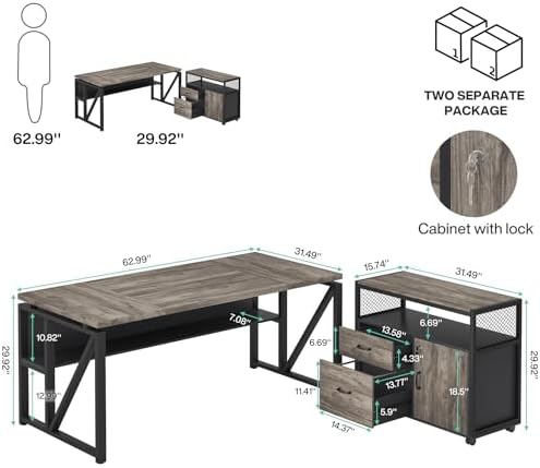 Tribesigns L Shaped Desk with Drawer Cabinet, 63" Executive Computer Desk and lateral File Cabinet, 2 Piece Home Office Furniture with Drawers for Hanging File, Doors with Locks (Gray, 63 inches)