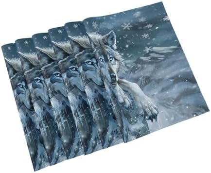 ALAZA Wolf Snow Winter Set of 6 Placemats Rectangle Table Mat for Dining Table Restaurant Kitchen Home Decor, 12" x 18"