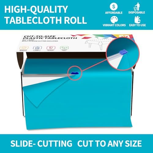 CXPSINC 54 Inch X 300 Feet Plastic Table Cover Roll Disposable Tablecloth with Slide Cutter for All Type/Shape Tables | Party, Banquet, Birthdays, Weddings(Turquoise, 300 Feet)