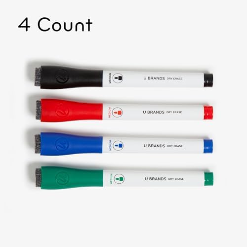 U Brands Fine Tip Dry Erase Markers with Eraser, Low Odor Whiteboard Markers Fine Tip, Assorted Colors, Set of 4