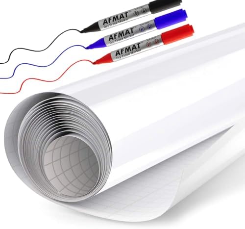 AFMAT White Board Sticker for Wall, 1.44x11ft Peel and Stick Whiteboard Wallpaper, Stain-Proof & Super Sticky Dry Erase Wall Decal, Dry Erase Contact Paper Roll Adhesive for Table/Door, 3 Markers WS11