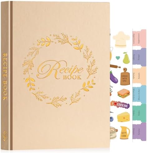 Lanpn B5 Blank Recipe Book Cookbook to Write in Your Own Recipes, Leather Cover Waterproof Empty Cooking Journal for 70 Recipes, Recipe Notebook with Stickers to Organize Your Family Recipes, Oat