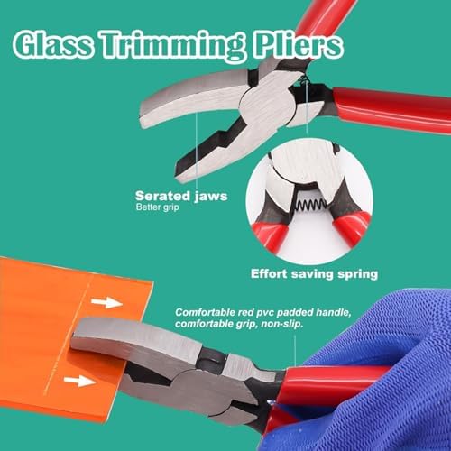 Professional Glass Breaking and Trimming Pliers, 6-Inch Stained Glass Grozer Tool with Red PVC Handle, Serrated Carbide Jaws for Glass, Tiles, Mosaic, Mirrors, Bottles