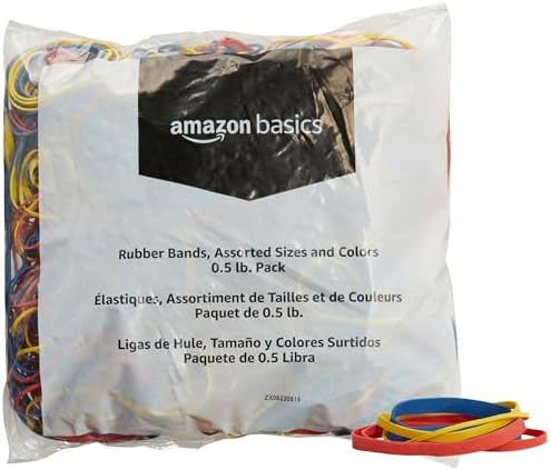 Amazon Basics Assorted Size and Color Rubber Bands, Strong Elastic Stretch Office Supplies, 0.5 lb. Variety Assortment
