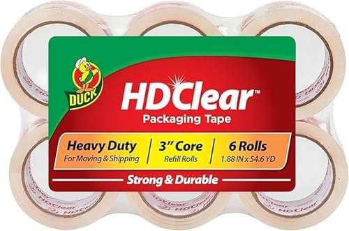Duck HD Clear Packing Tape Refills - 6 Rolls of Heavy Duty Shipping and Moving Packing Tape - Clear Strong Packaging Tape for Boxes, Packing and Moving Supplies - 1.88 In. x 54.6 Yards (441962)