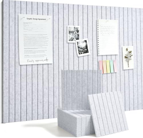 Slat Felt Wall Tiles (12 Pack) - 11.8"x11.8" Self-Adhesive Bulletin Board for Wall, Acoustic Panels for Sound Dampening, Modern Black Pin Board, Home Office Decor (30x30cm)