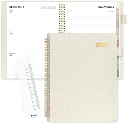 SUNEE 2027 Weekly & Monthly Planner 9"x11.2"- 12 Month (January 2027 - December 2027), Vegan Leather Cover, Pocket, Bookmark, Notes, Monthly Tab, Beige