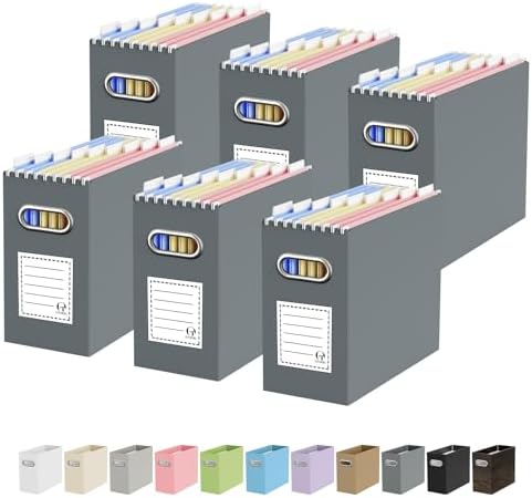 Oterri Portable Collapsible Cardboard File Box with Handle for Letter-Size | 6-Pack. Stainless Steel Handle. Label Stickers Included. Fits Letter Folders (Not Included). Home, Office, School, Dorm, Tax.