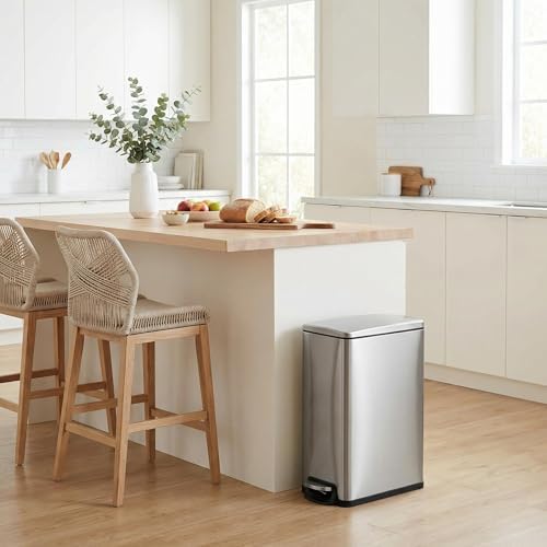 PrecisionAuto 12 Gallon Slim Trash Can with Lid, 45L Stainless Steel Step Garbage Can with Soft-Close Lid & Inner Bucket, Narrow Kitchen Garbage Bin, Metal Wastebasket for Home/Office, Silver