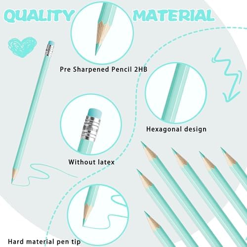 36 PCS Macaron Blue Colored Pencils with Eraser Pre Sharpened Pencil 2 HB - Ideal for Checking, Grading, Tests & Office/School Supplies