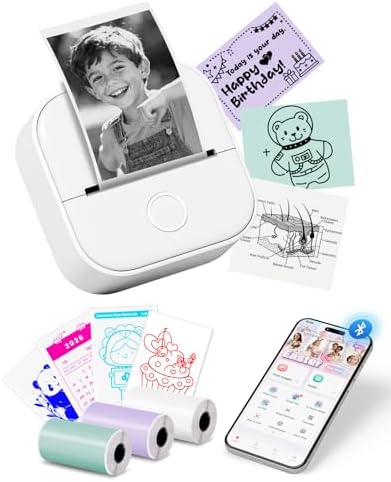 Memoking Mini Printer T02 Thermal Sticker Printer with 3 Rolls Paper