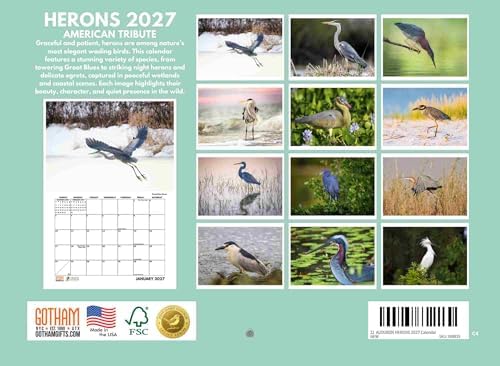 JJ Audubon Tribute Heron Calendar 2027 Monthly Wall | American Made In The USA