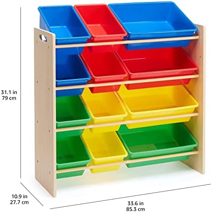 Amazon Basics Kids Toy Storage Organizer With 12 Plastic Bins, Natural Wood, Multicolor, for Bedroom and Playroom, 33.85"D x 12.79"W x 35.42"H