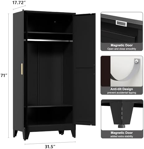 Washsemba 71'' Farmhouse Metal Wardrobe Cabinet with Hanging Rod, 2 Barn Door Wardrobe Closet with 2 Adjustable Shelves,for Dining Room,Bedroom,Living Room, Cloak Room,Office (Black)