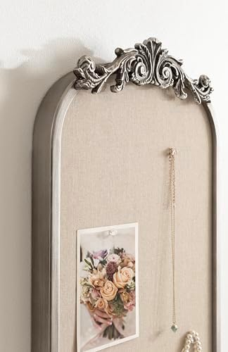 Kate and Laurel Arendahl Arch Pinboard; 13 x 25; Silver; Framed Arched Ornate Vintage Cork Board for Use as Motivational Vision Board or Wall Organizer