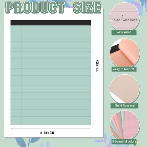 8.5'' x 11'' Colored Legal Pad Writing Wide Ruled, Bohemian Color, 8 Pcs