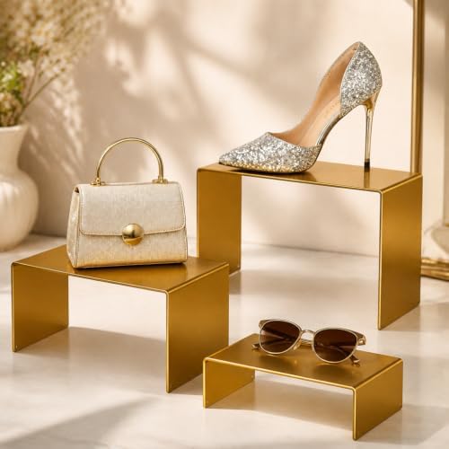 Gonice Display Risers, 8 PCS Gold Cupcake Stand, 4 Sizes Metal Rectangular Display Stand for Collectibles, Perfume, Doll, Vendor Events