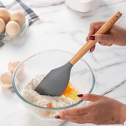 Country Kitchen Non Stick Silicone Utensil Set with Rounded Wood Handles for Cooking and Baking, 14 Piece Set, Gray