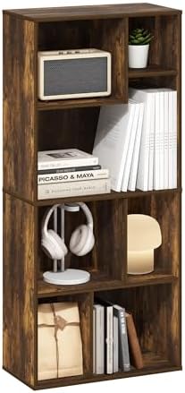 Furinno DALY Book Shelf, 7-Cube Bookshelf, Cube Storage Organizer Bookcase with Irregular Compartments, 9.4 x 18.9 x 42.1, for Living Room, Bedroom, Home Office, Amber Pine