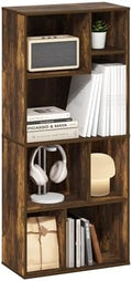 Furinno DALY Book Shelf, 7-Cube Bookshelf, Cube Storage Organizer Bookcase with Irregular Compartments, 9.4 x 18.9 x 42.1, for Living Room, Bedroom, Home Office, Amber Pine