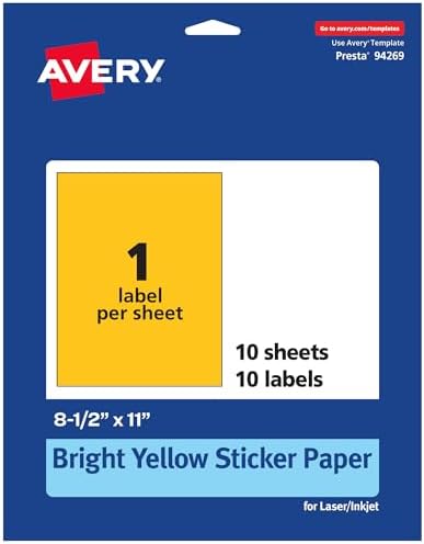 Avery Printable Sticker Paper, 8-1/2" x 11", Full-Sheet Labels, Bright Yellow Labels, Laser/Inkjet Printable, 10 Total, Great for Packaging and Stickers