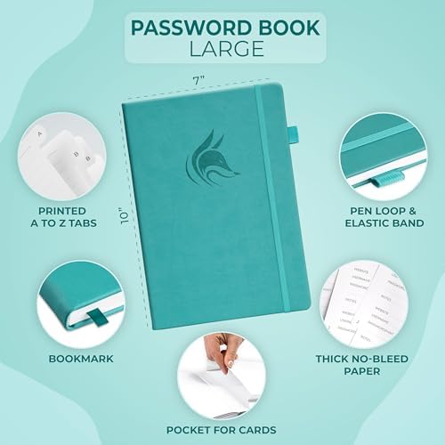 Clever Fox Password Book with Alphabetical Tabs, 7"x10" Keeper Turquoise
