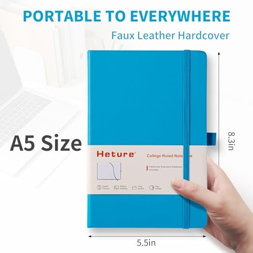 Heture Hardcover Notebooks, 6 Packs A5 Lined Journals Notebook for Writing 160 Pages, 8.2 x 5.5 inch, 6 Colors Classic Ruled Notebooks for College/Work/Travel (Turquoise Blue, 1 Pack)