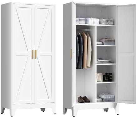 Washsemba 71'' Farmhouse Metal Wardrobe Cabinet with Hanging Rod, 2 Barn Door Wardrobe Closet with 5 Adjustable Shelves,Drawer,for Dining Room,Bedroom,Living Room, Cloak Room,Office (White)