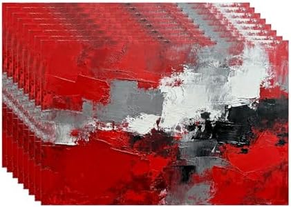 Batmerry Abstract Oil Painting Linen Placemats Set of 8, Art Red Grey Scarlet Modern Artwork Washable Table Mats for Kitchen Table Thickened Heat Insulation Dining Set Indoor Outdoor 12X18 in