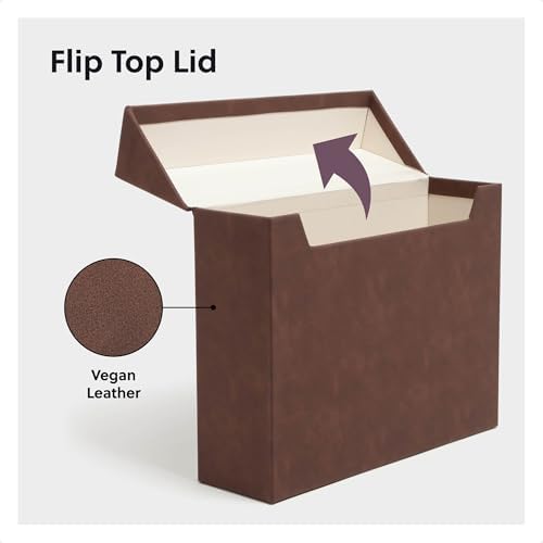 Smead Flip Top File Box, 10" x 3.7" x 13", Brown Vegan Leather, Gold Metal Nameplate (70234)