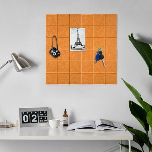 6 Packs Cork Board Felt Board Tiles, Bulletin Board 12"X12" with 30 Push Pins, Felt Board for Home Kitchen Office Decor, Self-Adhesive Corkboard Tiles for Walls School Message Display Board-Orange-2