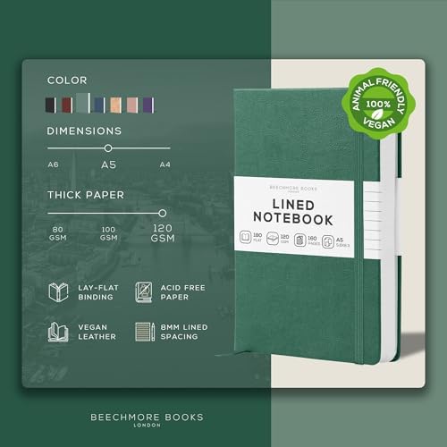 BEECHMORE BOOKS A5 5x8 Lined Leather Journal For Men, 120 GSM with Gift Box