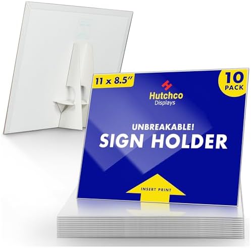 Paper Sign Holder (11 x 8.5 Inches) Plastic Countertop Display w/Shatterproof (No Acrylic) Clear Design & Cardboard Easel Back Tabletop Slant Support for Stackable Lightweight Portable by Hutchco