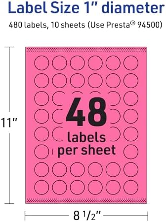 Avery Printable Round Labels, Sure Feed Technology, 1" Diameter, Bright Pink Labels, Print-to-the-Edge, Laser/Inkjet, 480 Total, Great for Price Stickers and Mailing Seals