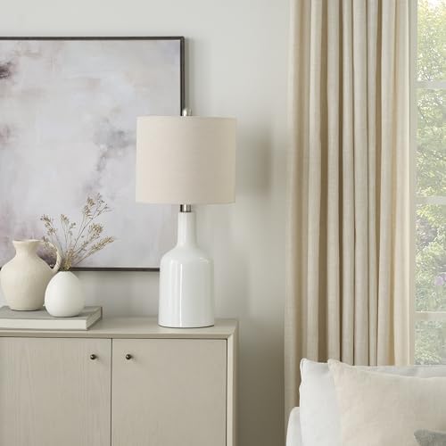 Nourison Home 22" White Glossy Ceramic Table Lamp with Oatmeal Linen Shade for Modern Farmhouse, Bedside Lamp, Living Room Lamp, Small Accent Lamp for Dining Room