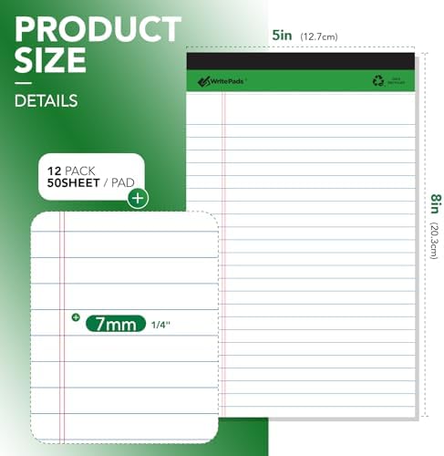 KAISA White Legal Pads Writing Pads 600 Sheets Recycled Paper 5"x8" Narrow Ruled Lined Paper Small Legal pad Perforated 50 sheets Hard Back Notepads Writing Tablet For Office Supplies Study (White 12pads)