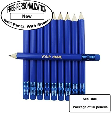 EZPENCILS & GIFTS - Golf Pencils Tipped with Eraser (1/2 a Pencil) - Sea Blue Colored Barrel - FREE-PERSONALIZATION - 2HB Black Lead - Custom Text - Non-Smear Eraser – Package of 20