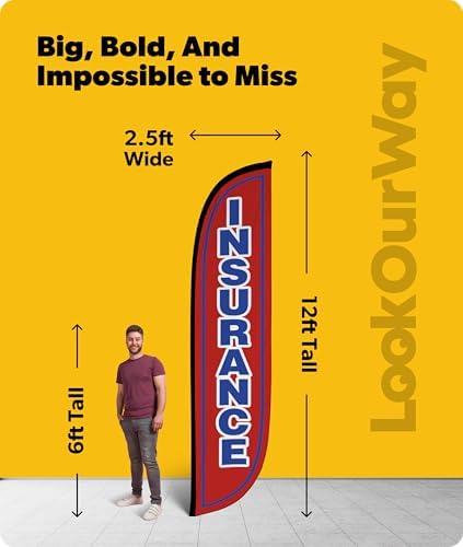 LookOurWay 12 Ft Feather Flag Banner, Financial Service, Insurance Red