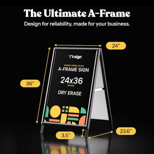T-SIGN Sidewalk Sign for Indoor & Outdoor Sign - Open Aluminum A Frame Sign Poster Board 24x36 Inches, White Dry Erase Surface - Heavy Duty Double Sided Sandwich Board, Street Advertising Sign Board