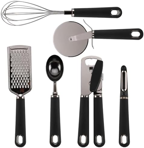 Country Kitchen 6 Pc Essentials Kitchen Stainless Steel Gadget Set Black Gun Metal with Soft Touch Black Handles for Cooking