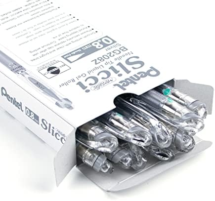 Pentel Arts Slicci 0.8mm Needle Tip, Medium Gel Pen, Silver Metallic Ink (BG208-Z), 12 Pack